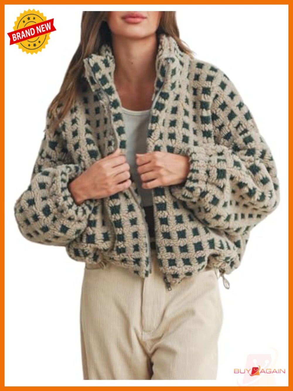 Esmeling Women's Cropped Sherpa Fleece Plaid Jacket Zip Up Teddy Coat